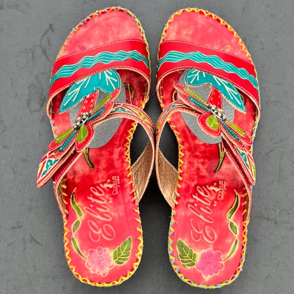 Corkys Elite Artsy Mule Heels Red Leather Floral Slip On Heeled Sandal Size 9 - Picture 5 of 16